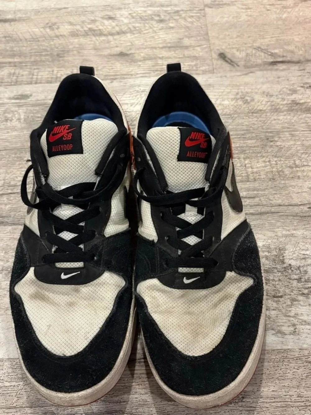 Nike SB Alleyoop Black and White Skate Sneakers with Red Logo Accents